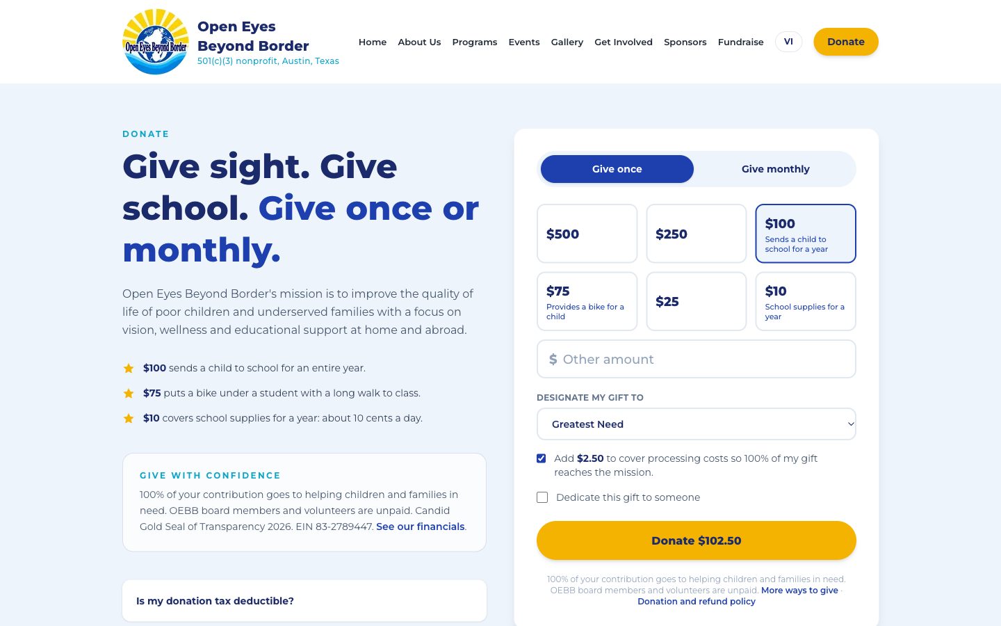 The new donate page with one-time and monthly giving