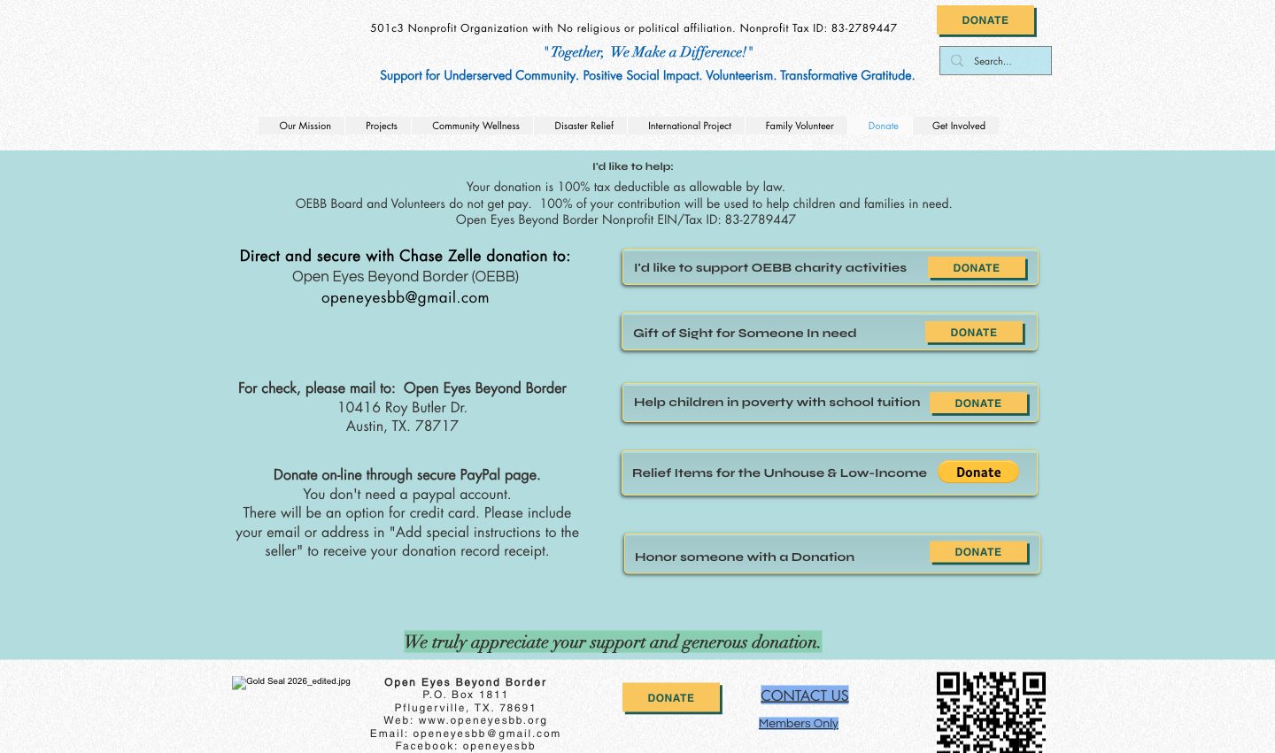 The old Wix donate page with five donate buttons, Zelle and check instructions
