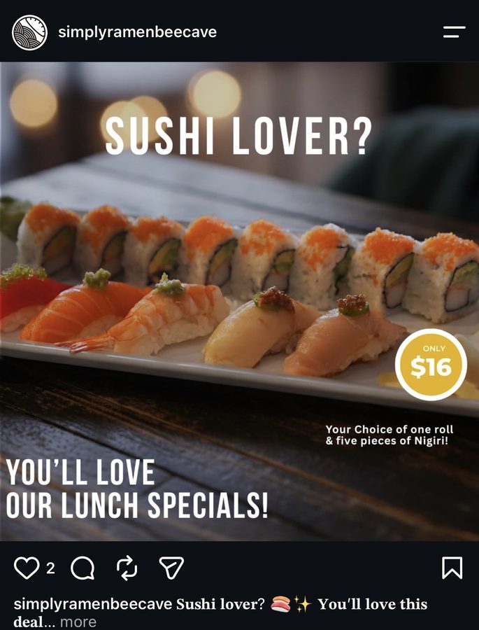Simply Ramen and Gyoza sushi lunch special post, $16